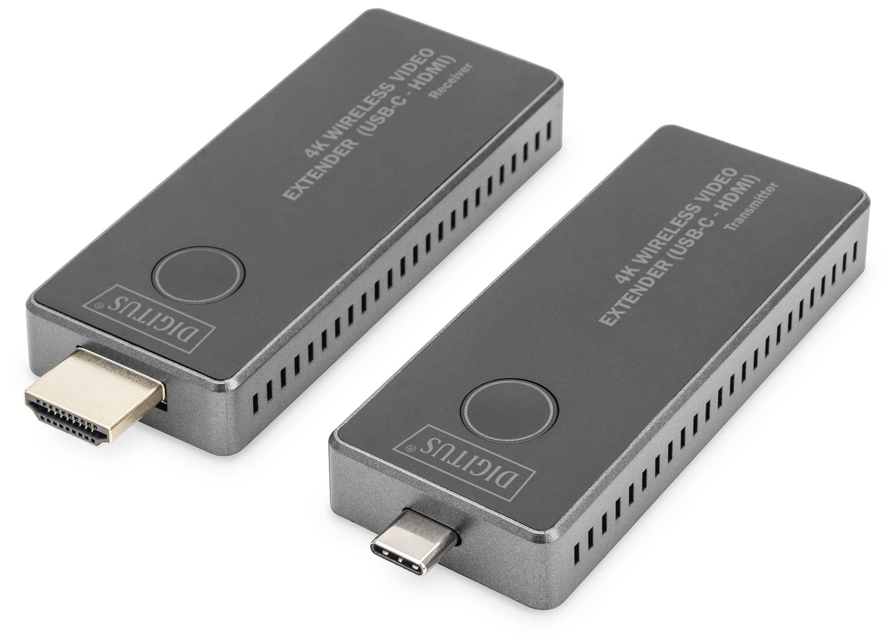 Twee zwarte HDMI-adapters met opschrift '4K Draadloze Video-extender (USB-C & HDMI)' en aansluitingen aan de uiteinden.