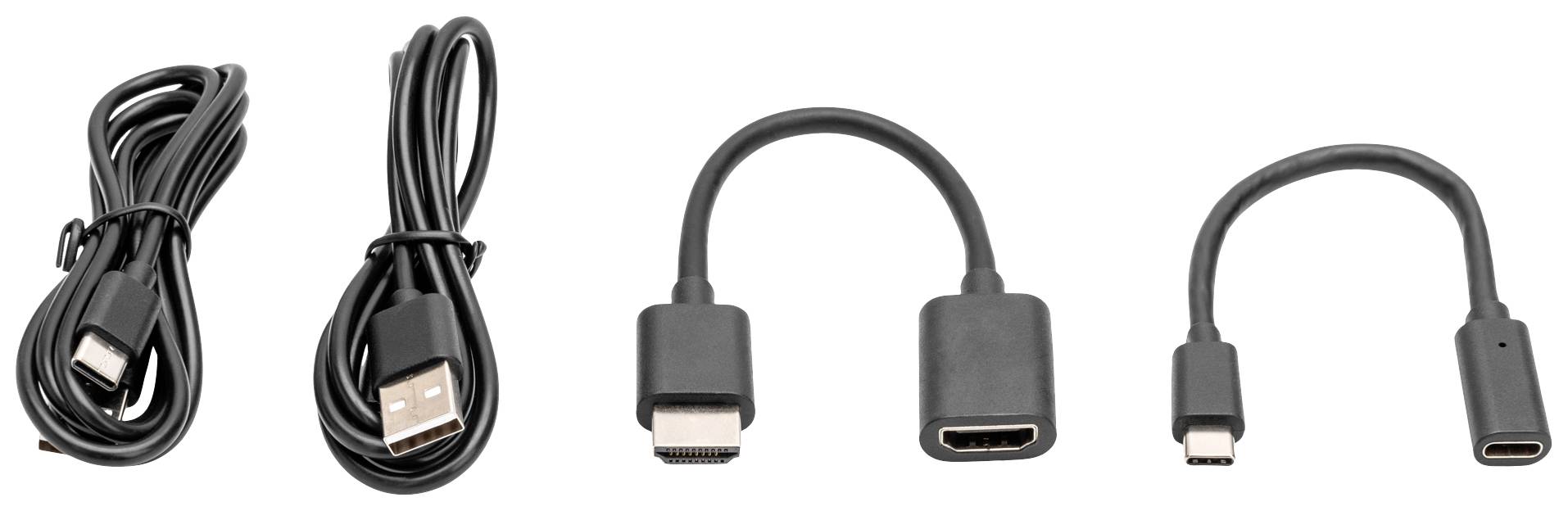 'Vier verschillende adapterkabels naast elkaar: USB-A naar Micro-USB, HDMI naar Mini-HDMI, USB-C naar HDMI, Micro-USB naar USB-C.'