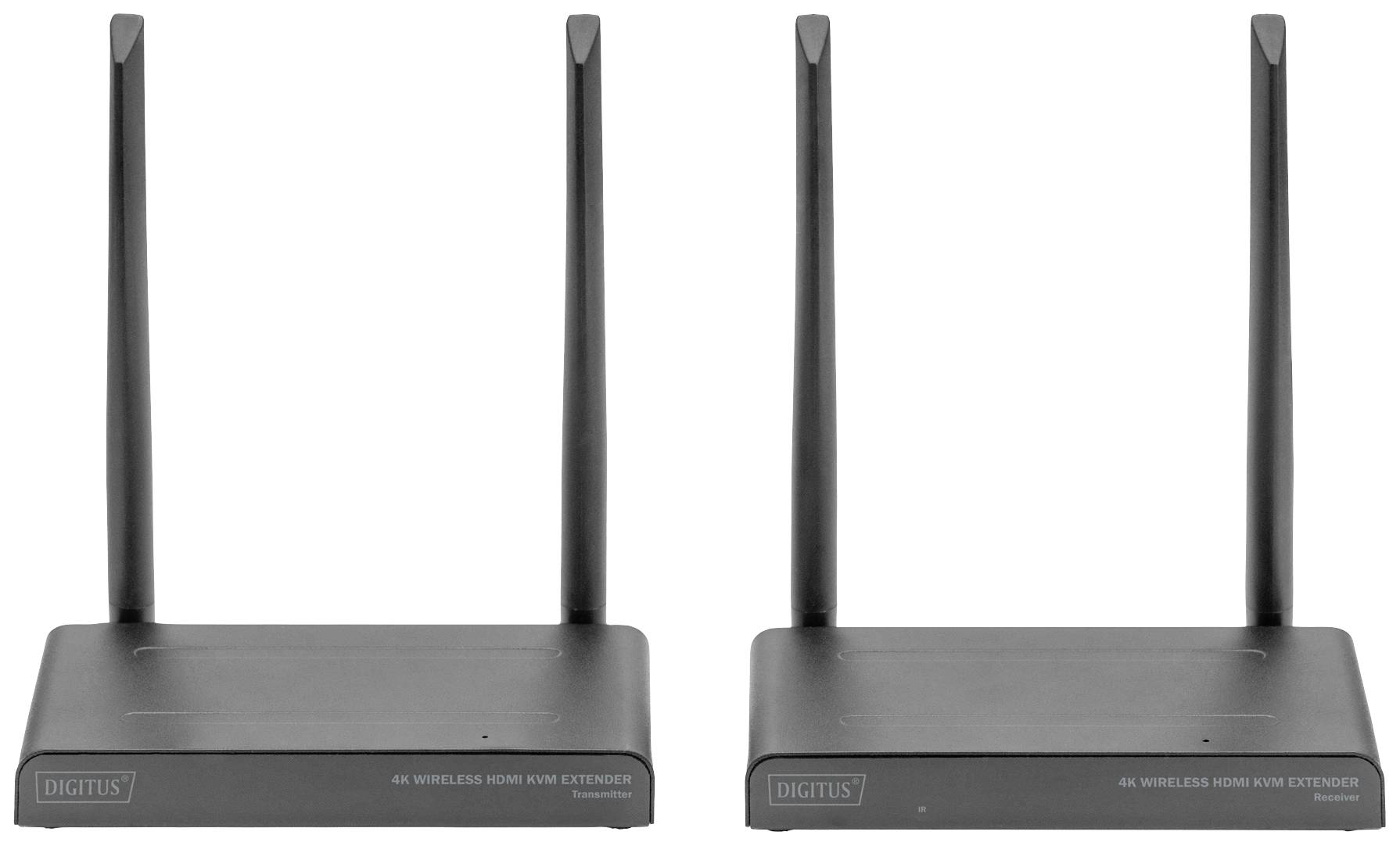 Twee zwarte 4K draadloze HDMI KVM-extenders met elk twee antennes staan naast elkaar.