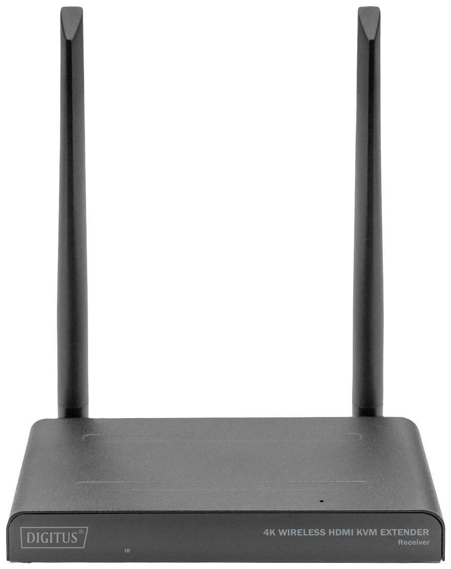 Een zwarte 4K draadloze HDMI KVM-extender met twee antennes. Het betreft een ontvanger voor draadloze video-overdracht.
