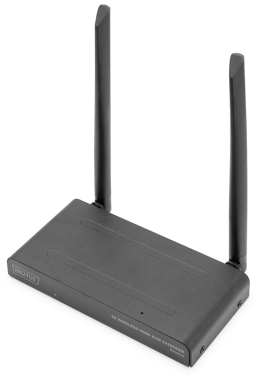 Een zwarte draadloze HDMI-verdeler met twee antennes, gekenmerkt door '4K Wireless HDMI KVM Extender', op een witte achtergrond.