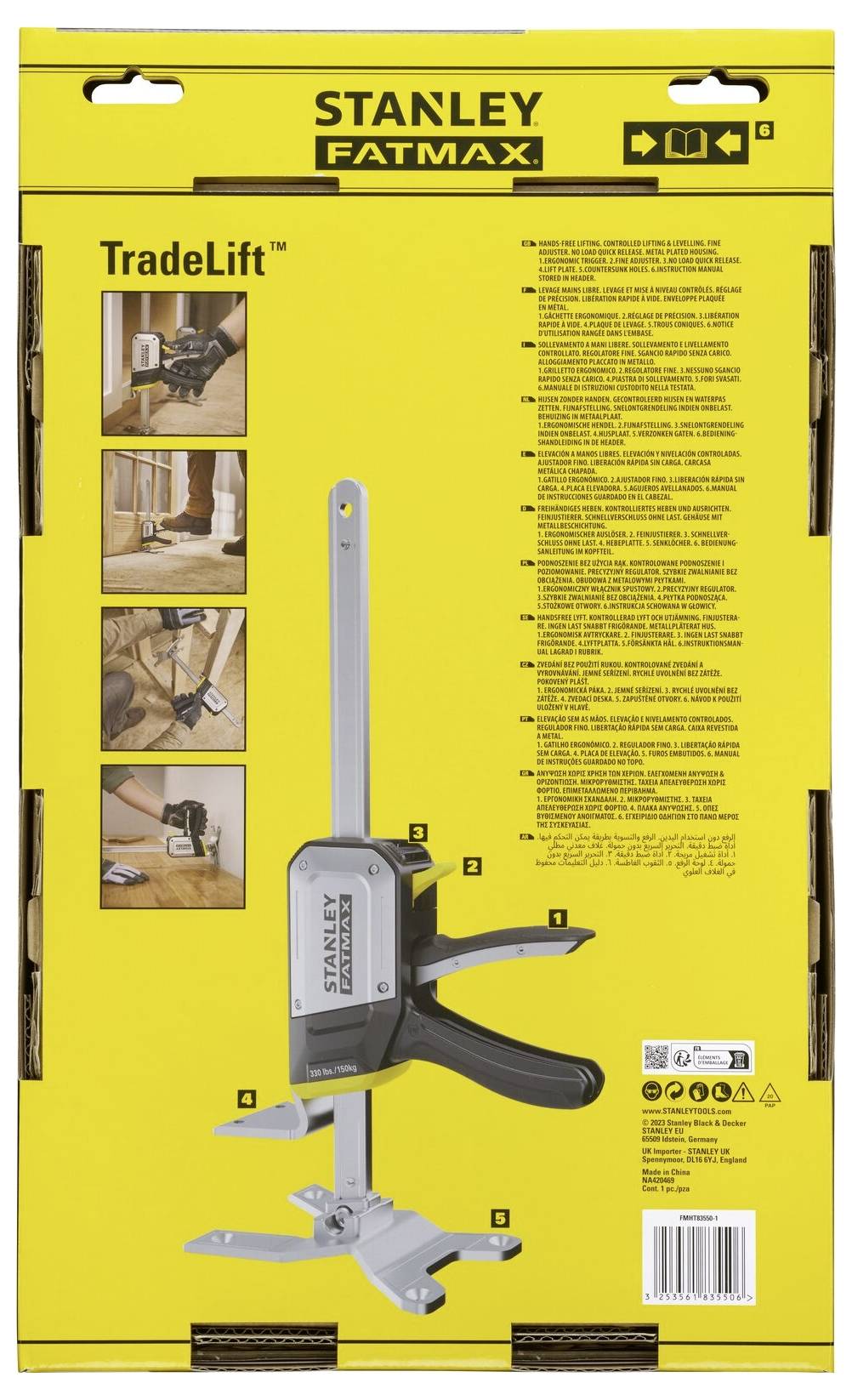 Achterkant van de verpakking van een 'Stanley Fatmax TradeLift'. Toont het gereedschap in gebruik met een handgreep en een hefmechanisme. Instructies en productinformaties zijn afgebeeld.