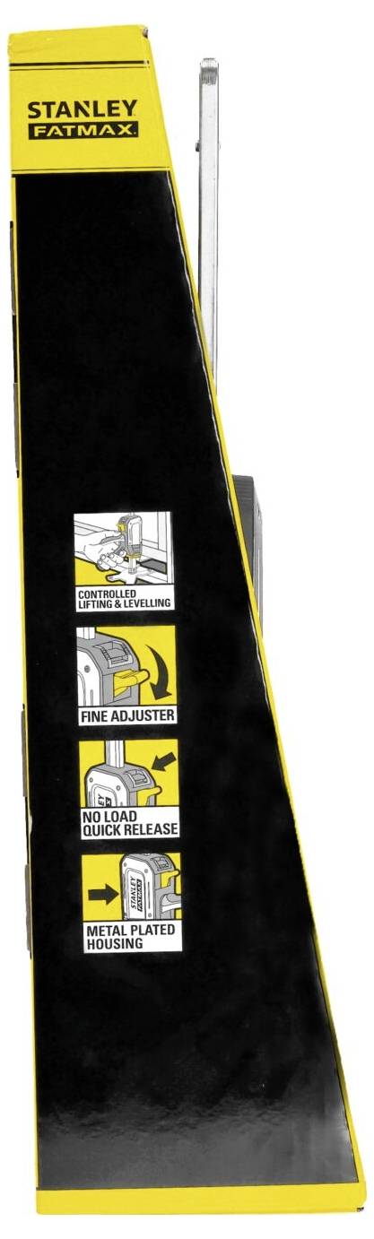 Zwarte en gele Stanley FatMax meetgereedschapkoffer met pictogrammen en instructies aan de zijkant die de functies en bediening beschrijven.