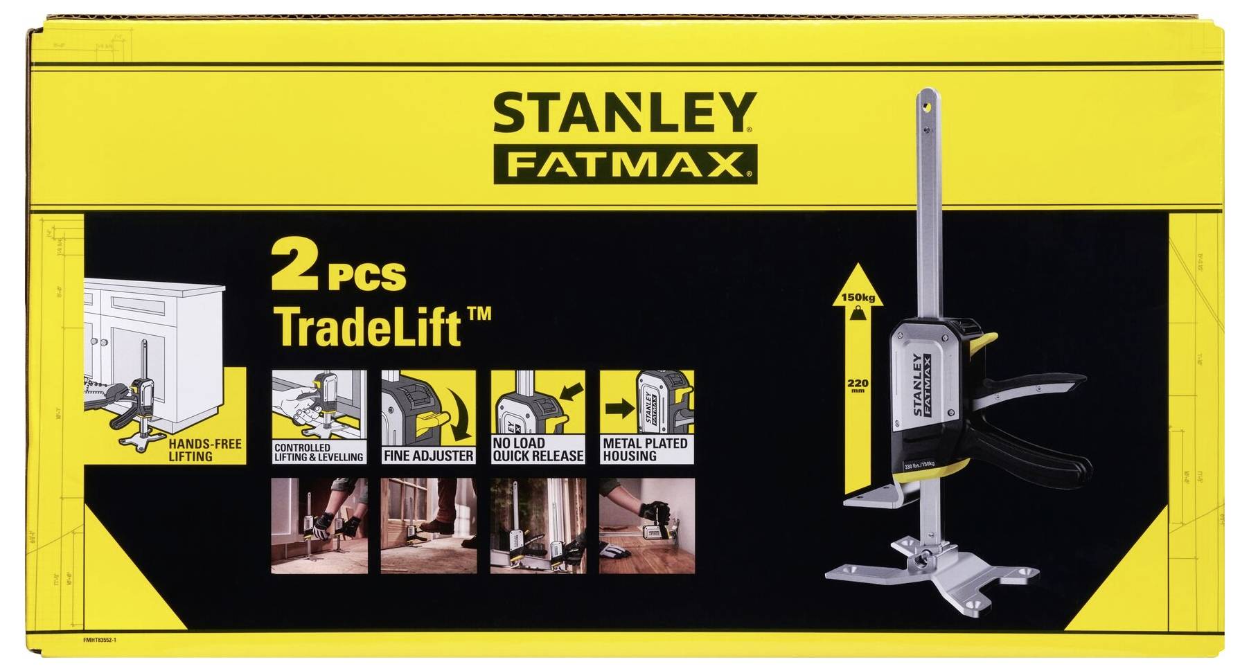 Verpakking van een Stanley FatMax TradeLift met twee hefgereedschappen die handsfree tillen en nauwkeurige afstellingen mogelijk maken.