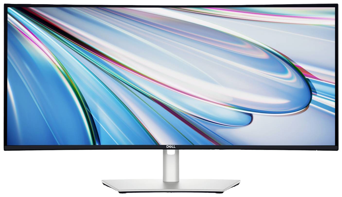 Een brede computermonitor met een abstract, kleurrijk patroon op het scherm.
