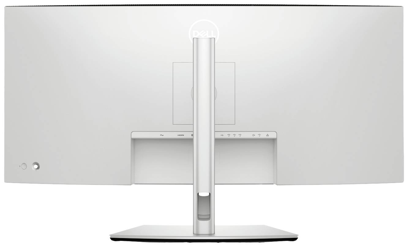 Achteraanzicht van een witte, gebogen computermonitor op een rechthoekige voet, zonder zichtbare beeldschermweergave.