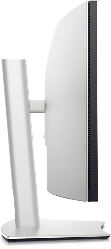 Zijaanzicht van een slanke computermonitor met smalle rand en een stabiele voet, die modern design en ergonomie benadrukt.