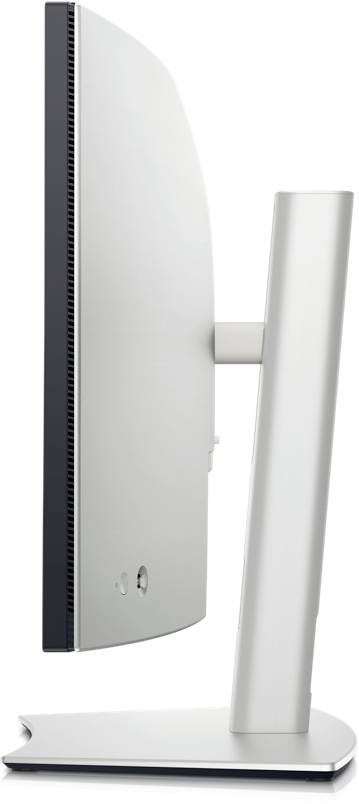 Zijaanzicht van een moderne computermonitor met een slanke, zilveren vormgeving. Het scherm staat verticaal opgesteld.