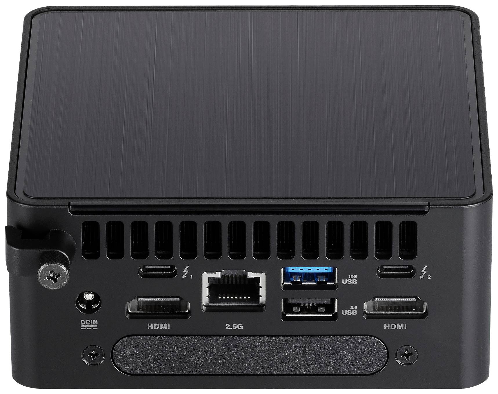 Compacte zwarte mini-pc met meerdere aansluitingen aan de achterkant, waaronder HDMI, Ethernet, USB en Thunderbolt-poorten.