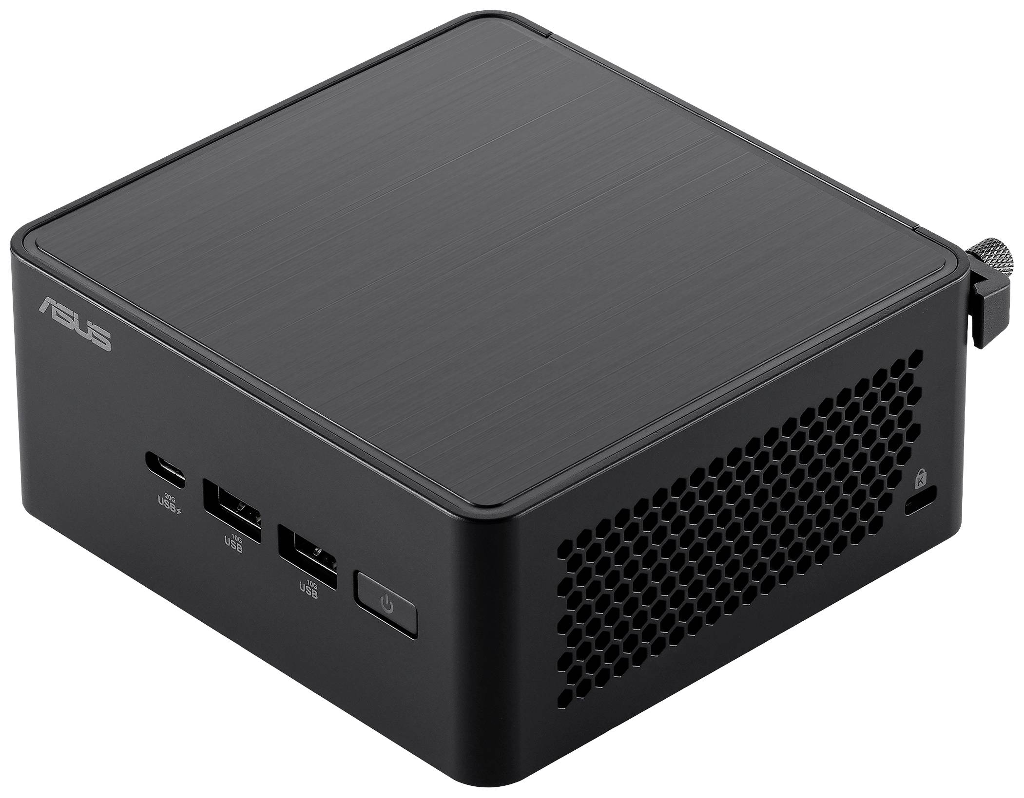 Zwarte, vierkante mini-computer van ASUS met USB-poorten en ventilatierooster, geschikt voor compacte werkruimtes.