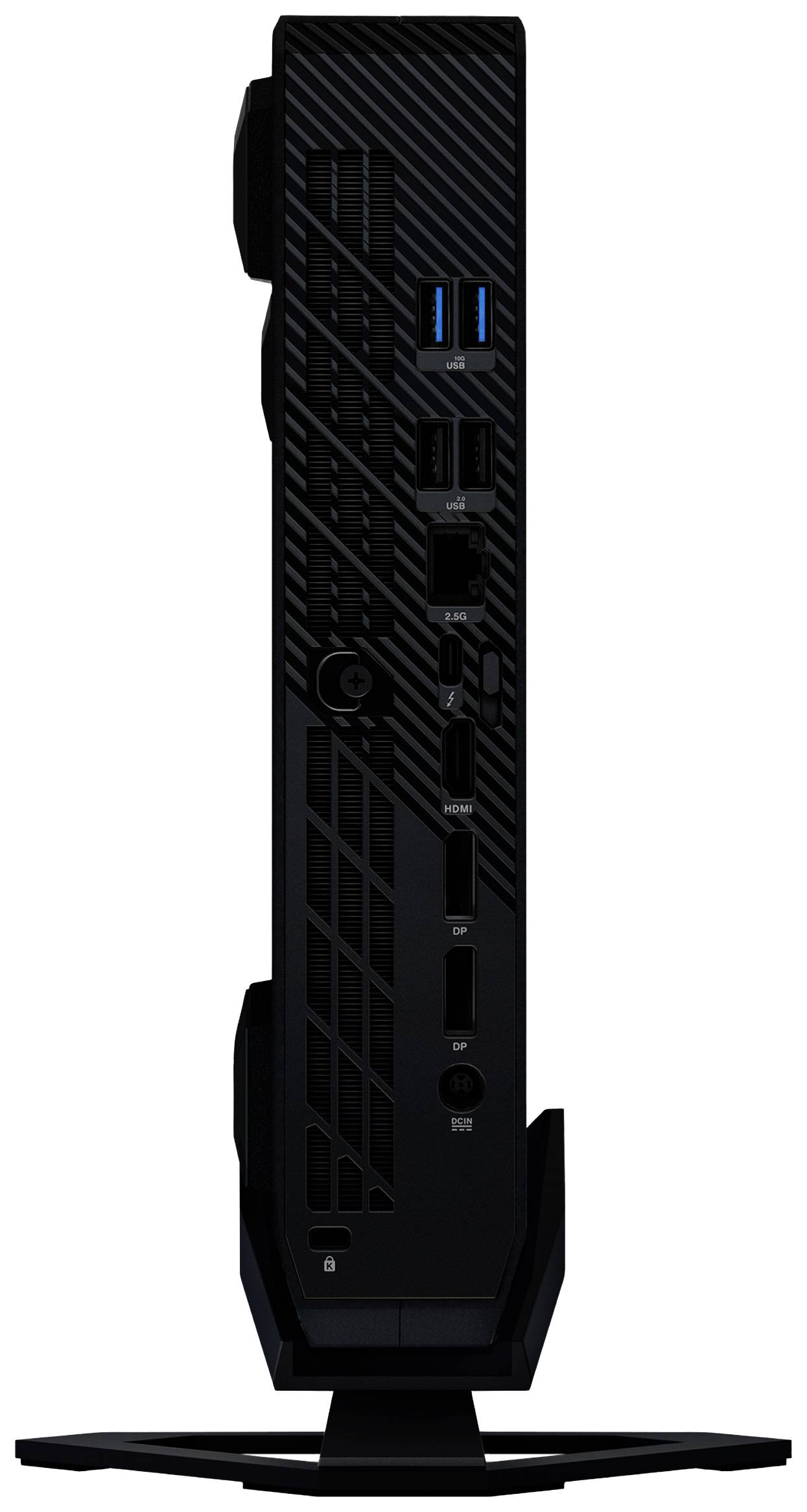 Een slanke, zwarte computer met meerdere aansluitingen aan de voorkant, waaronder USB-poorten en een koptelefoonaansluiting.