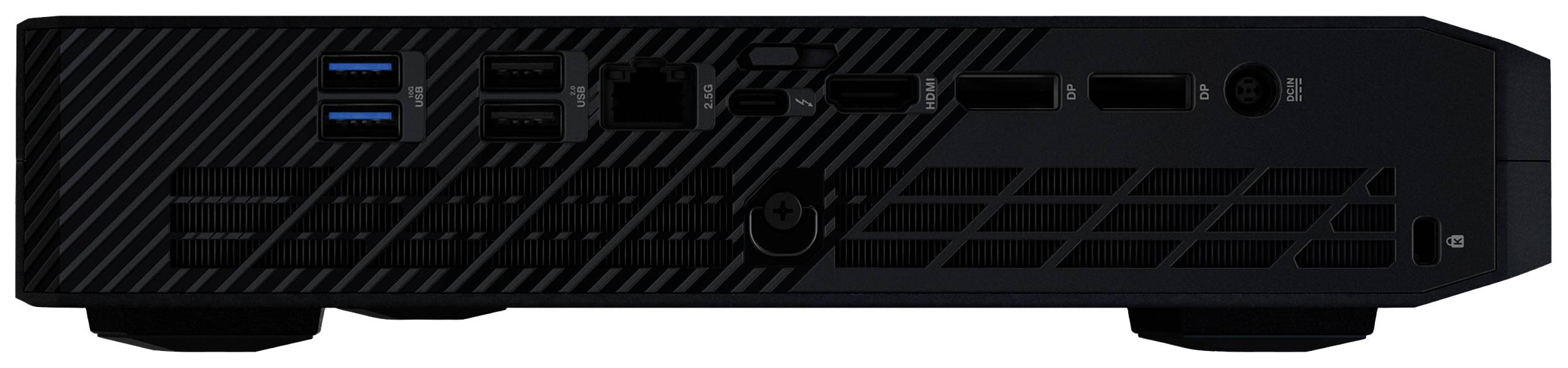 Een zwarte computer met meerdere USB-poorten, Ethernet-poort, HDMI-uitgang en ventilatierooster aan de achterkant.