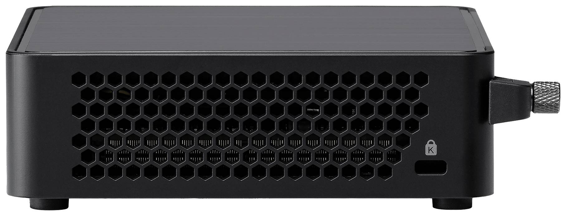 Zwarte hardwarebox met honingraatpatroon aan de voorkant, aansluiting aan de zijkant en een veiligheidsslotsymbool.