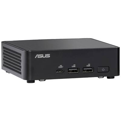 Een zwarte mini-pc van Asus met twee USB-poorten en een netschakelaar aan de voorkant.