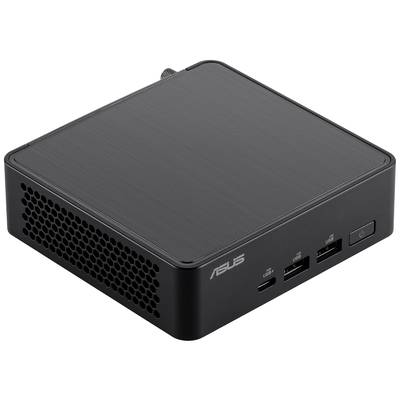 Een zwarte, vierkante mini-pc van Asus met ventilatierooster en meerdere USB-poorten aan de voorkant.