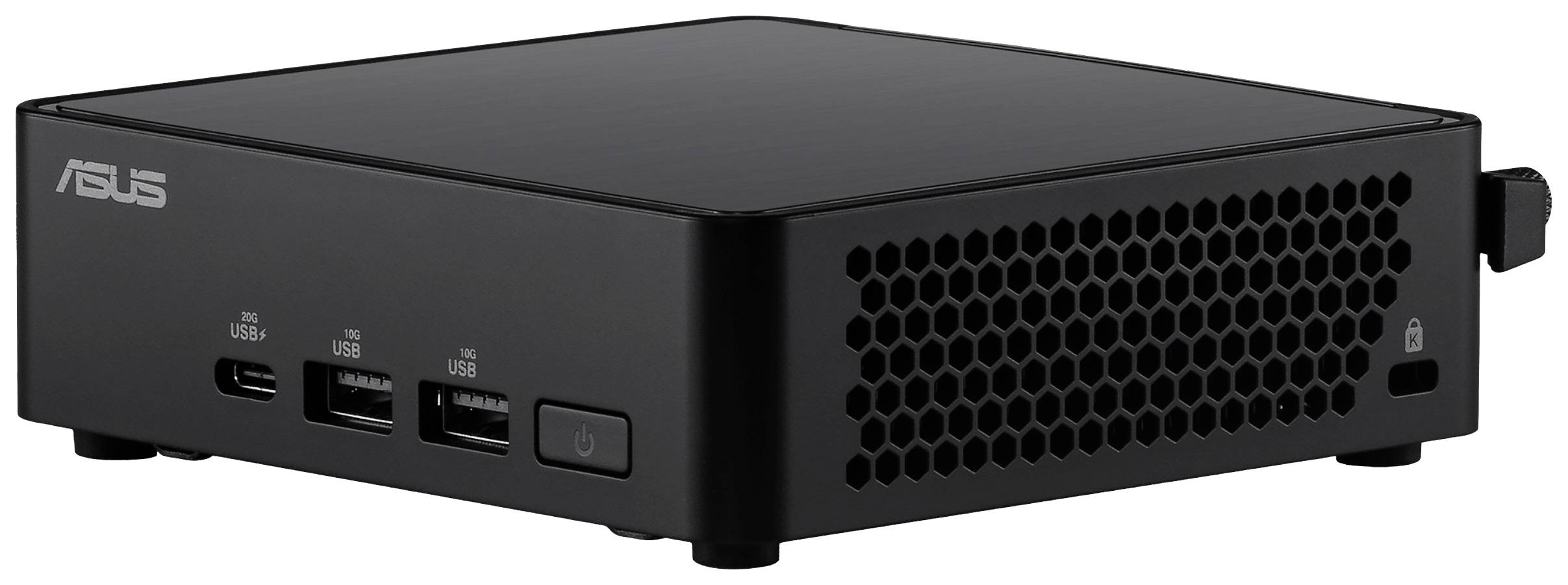 Zwarte mini-pc van ASUS met meerdere USB-poorten en ventilatierooster aan de zijkant.