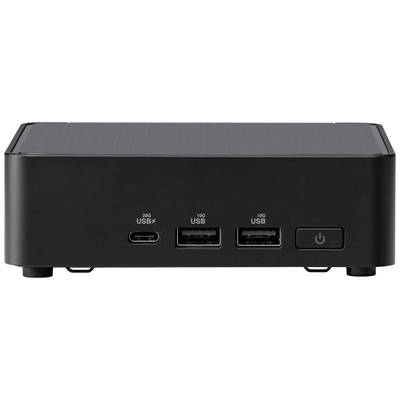 Een zwarte computerbehuizing met twee USB-poorten, één USB-C-poort en een netschakelaar aan de voorkant.
