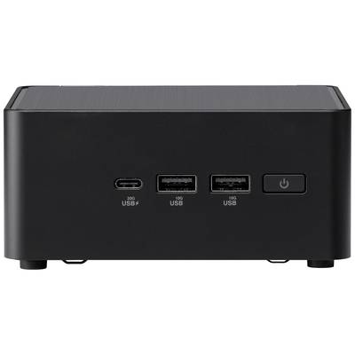 Een zwarte mini-pc met USB-aansluitingen en een aan-/uitschakelaar aan de voorkant.