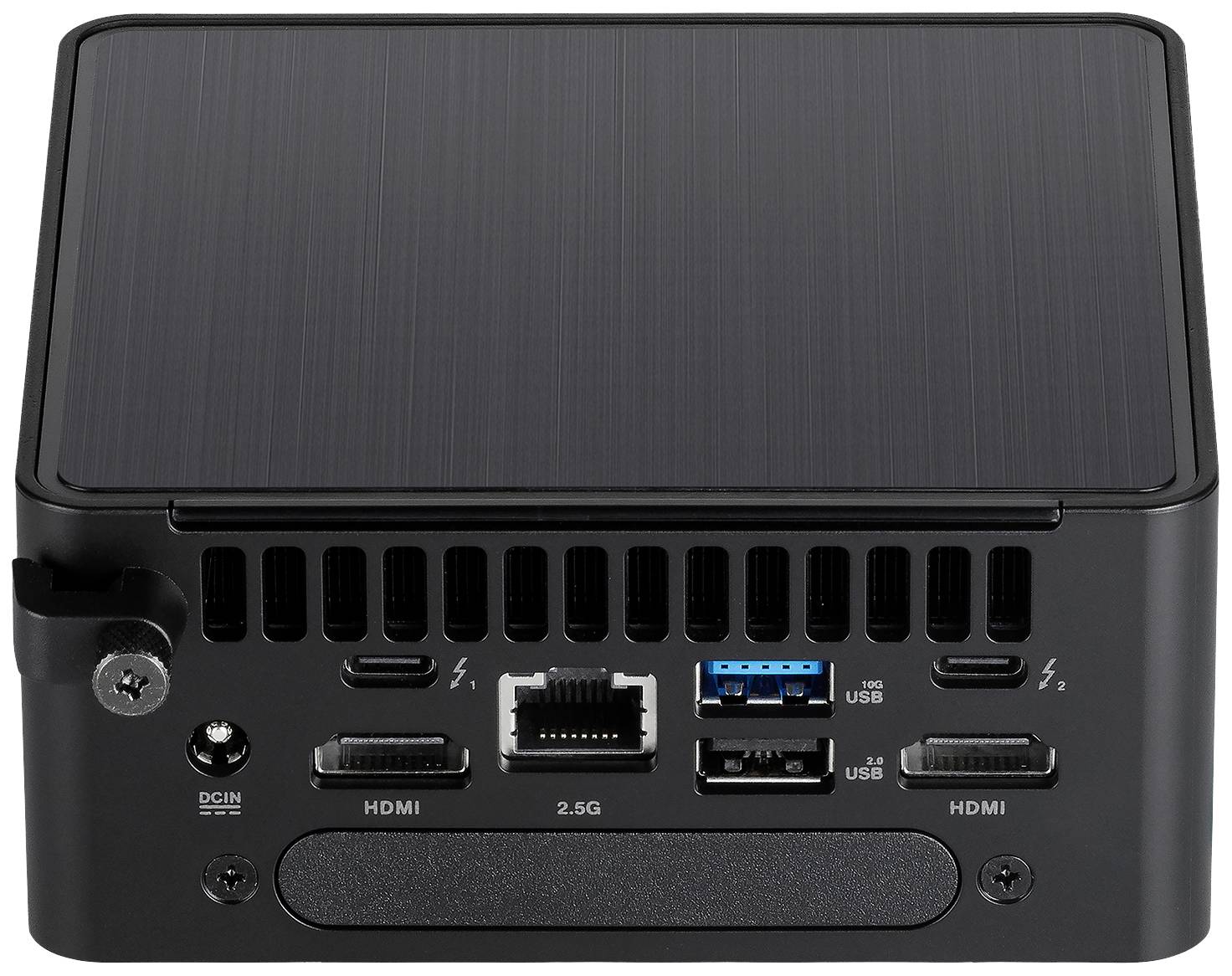 Achterzijde van een compacte computer met meerdere aansluitingen: stroom, HDMI, Ethernet, USB en Thunderbolt. Zwarte behuizing.