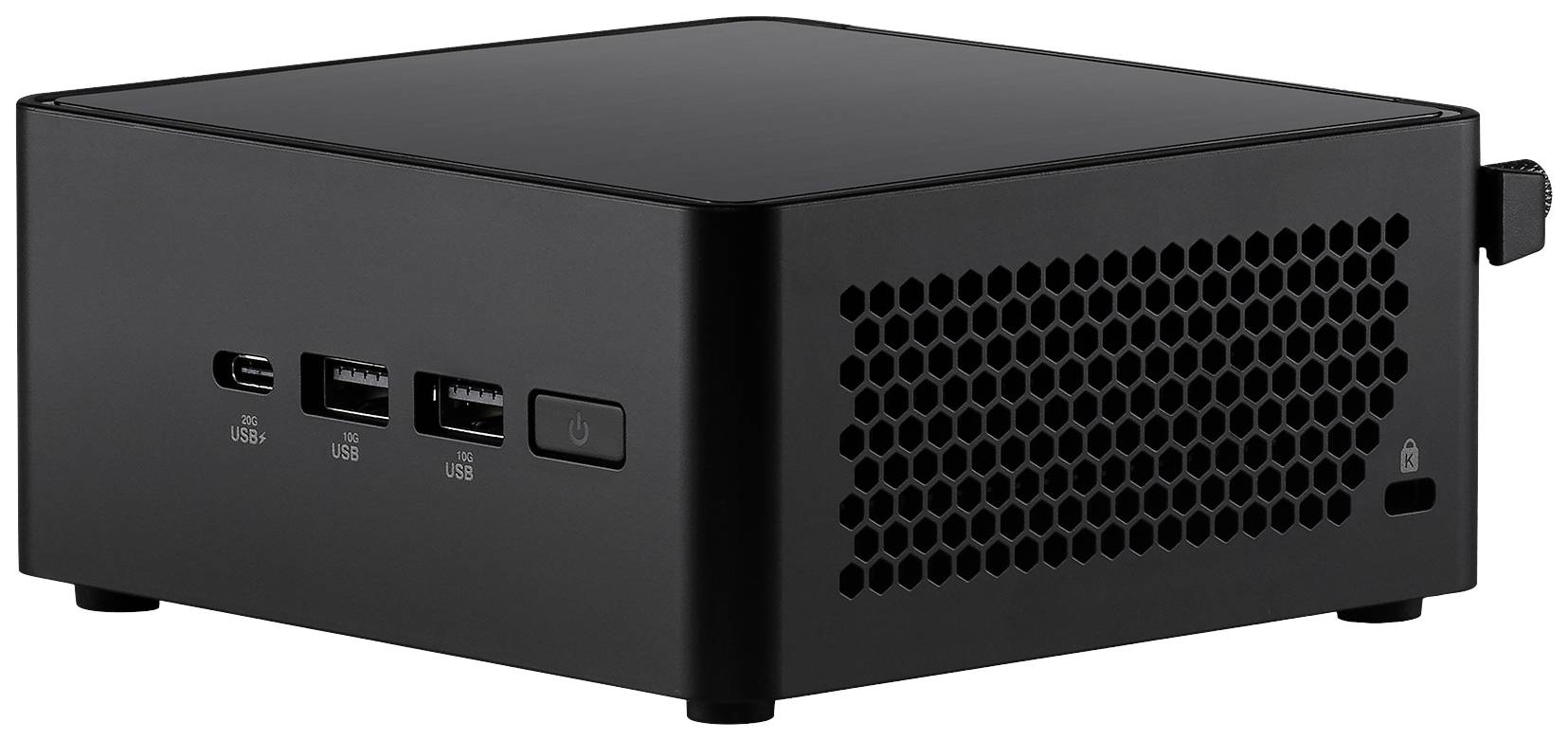 Een compacte zwarte mini-pc met meerdere USB-poorten aan de voorkant. Ventilatiesleuven aan de zijkant voor koeling.