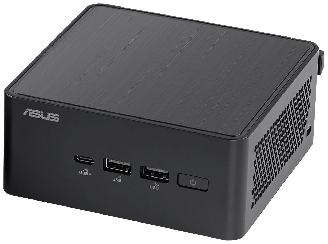 Kleine, zwarte computer met USB-poorten en ASUS-logo aan de voorkant, geschikt voor plaatsbesparend gebruik op kantoor of thuis.