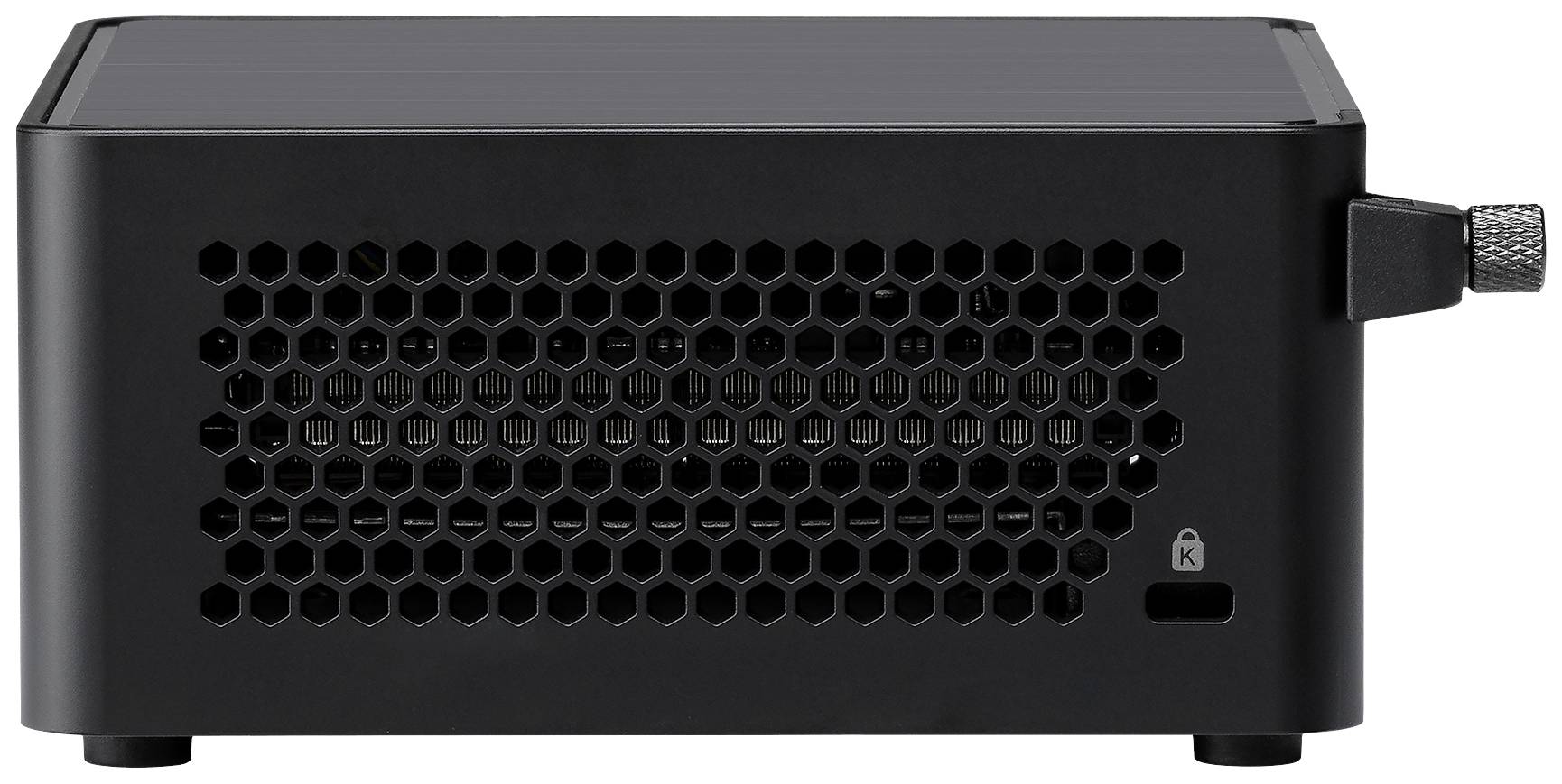 Een zwarte, rechthoekige computerbehuizing met een honingraatrooster aan de zijkant, ventilatie en een veiligheidsslot aan de rechterkant.