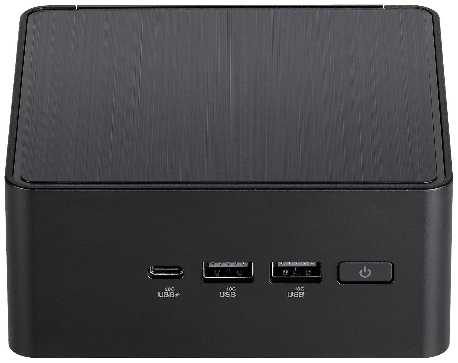 Zwart-grijze, vierkante mini-pc-eenheid met een USB-C-poort, twee USB-poorten en een netschakelaar aan de voorkant.