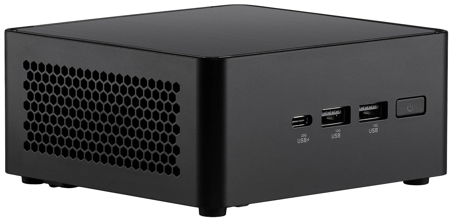 Zwarte mini-pc met meerdere USB-poorten en een netschakelaar aan de voorzijde. Compact ontwerp voor ruimtebesparend gebruik.