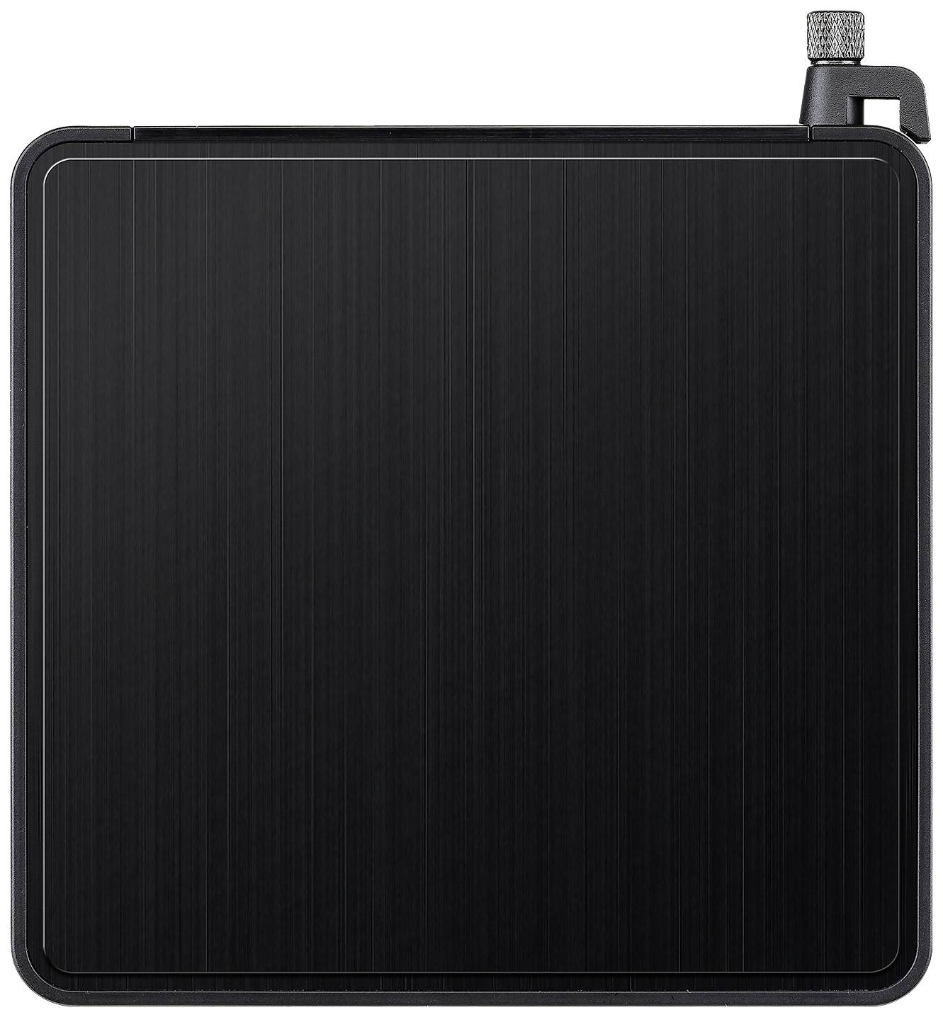 Een zwart vierkant voorwerp met afgeronde hoeken en een kleine, gegroefde draaiknop rechtsboven.