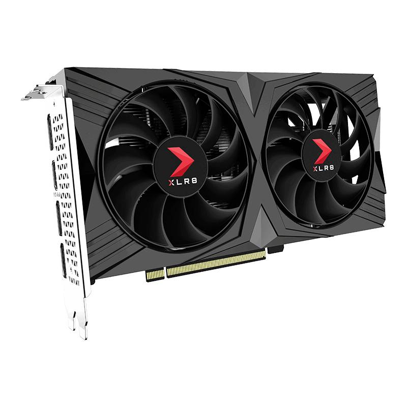 Een zwarte videokaart met twee grote ventilatoren en rode 'XLR8'-logo's. Hij wordt gebruikt in computers om de grafische prestaties te verbeteren.