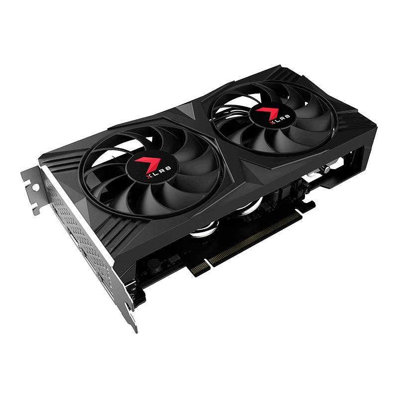 Een zwarte videokaart met twee ventilatoren. Op een van de ventilatoren bevindt zich het 'XLR8'-logo. Hij heeft een metalen bevestiging aan de linkerkant.