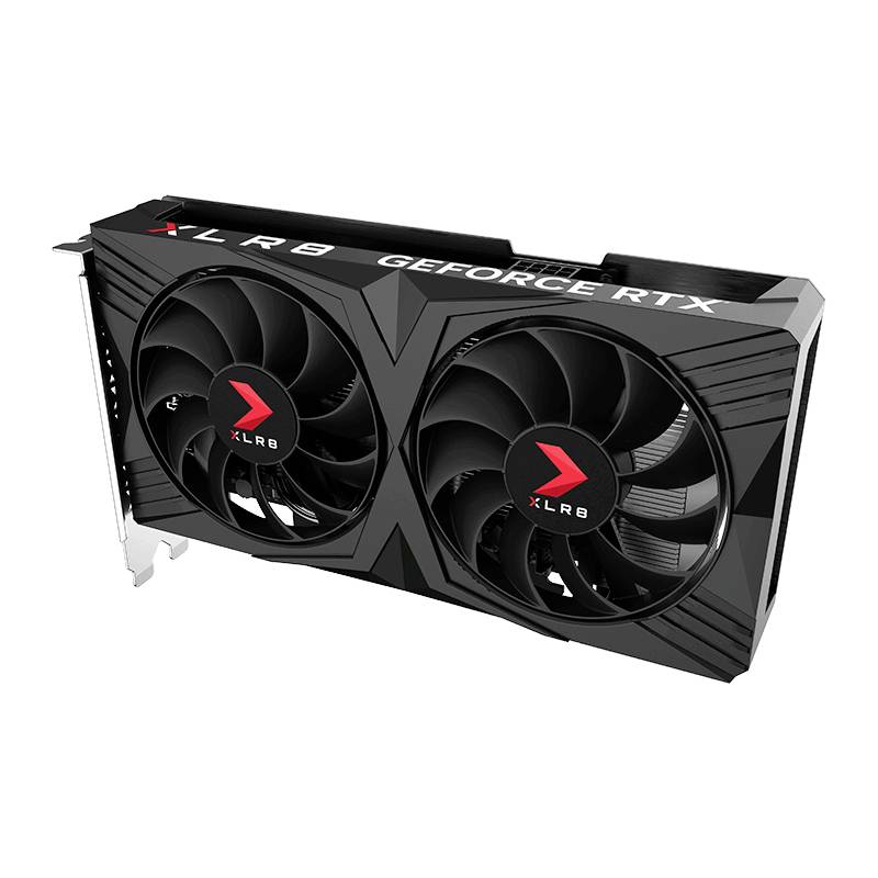 Een zwarte grafische kaart met twee ventilatoren en een rood 'XLR8'-logo, model 'GeForce RTX', toont moderne techniek voor computerperformance.