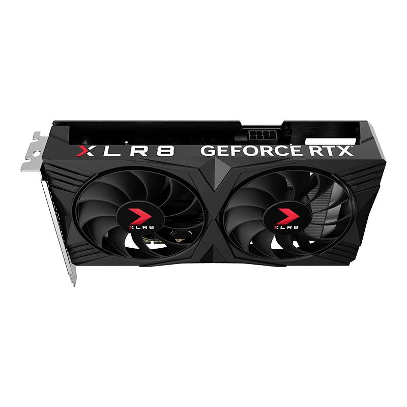 Zwarte videokaart met twee ventilatoren en de opdruk 'XLR8 GEFORCE RTX', geschikt voor gaming-pc's.