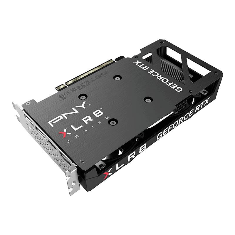 Videokaart PNY GeForce RTX XLR8; zwart ontwerp, metalen accenten, opschrift 'PNY', geschikt voor gaming-pc's.