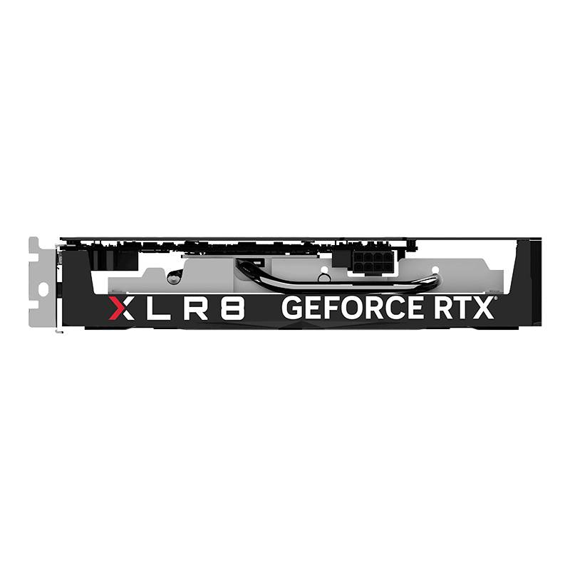 Grafische kaart XLR8 GeForce RTX, zijaanzicht. Toont het koelsysteem en het aansluitingsgebied. Belangrijkste kenmerk: efficiënte koeling.