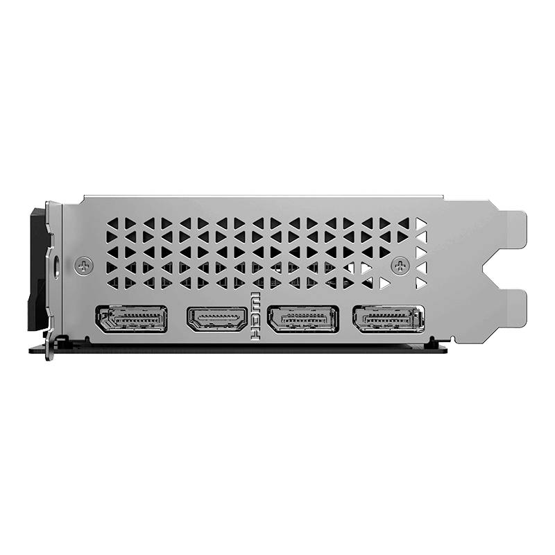 Achterkant van een videokaart met vier aansluitingen, waaronder twee HDMI- en twee DisplayPort-aansluitingen. Ventilatierooster bovenaan.