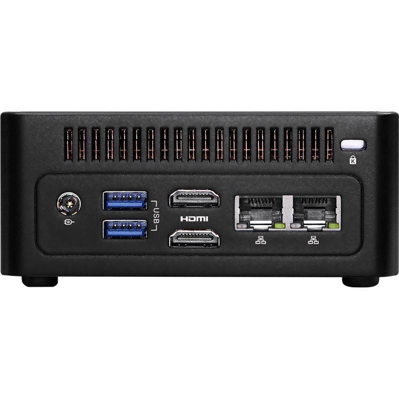 Een compacte, zwarte computer met aansluitingen: twee USB- en twee HDMI-poorten bovenaan, twee netwerkinterfaces onderaan.