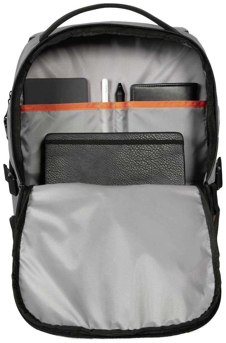 Een opengeslagen rugzak toont vakken met een tablet, notitieboek en pennen.
