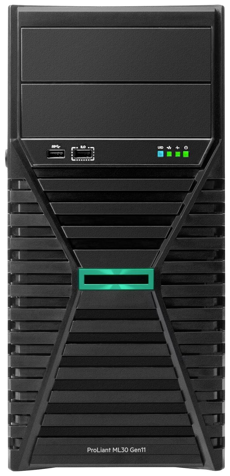 Een zwarte computerbehuizing met ProLiant ML30 Gen11-markering, USB-poorten en LED-indicatoren op de voorkant.