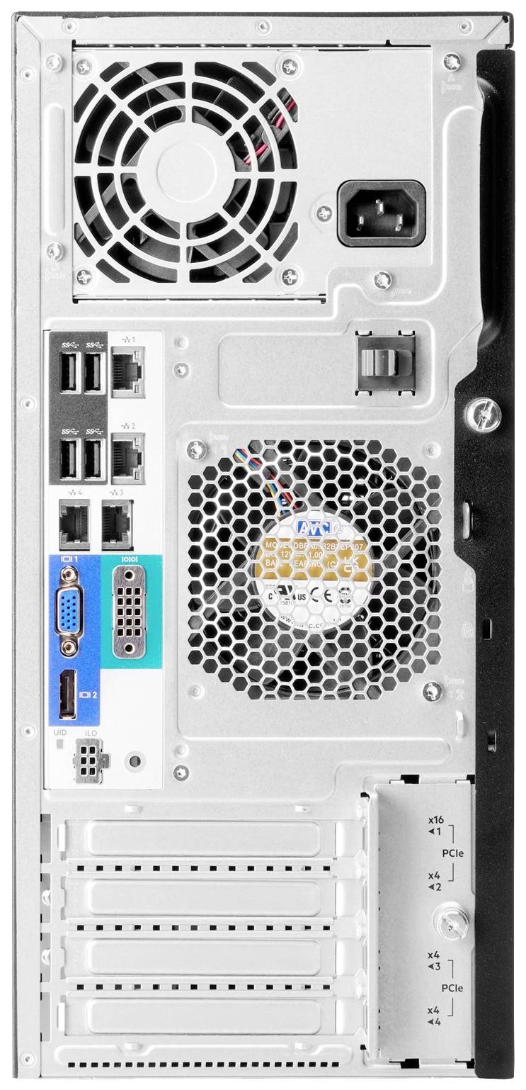 Achterkant van een pc-behuizing met ventilatierooster, voedingsaansluiting, meerdere USB- en video-aansluitingen.