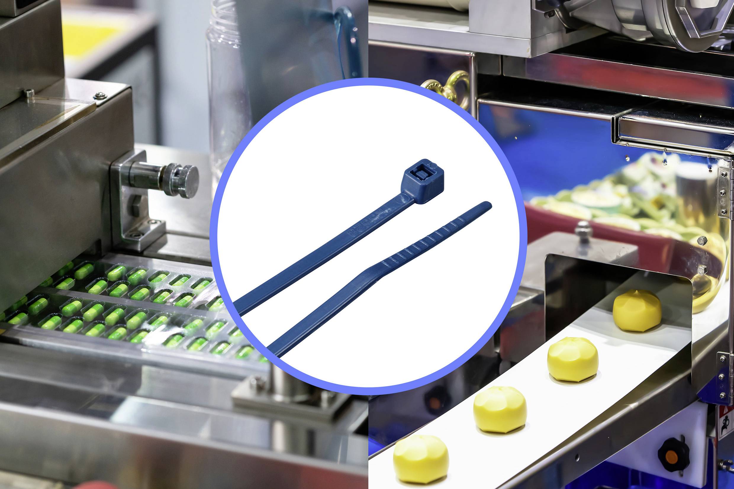 In het midden van de afbeelding zijn kabelbinders te zien. Links en rechts zijn verpakkingsmachines zichtbaar met groene tabletten en gele producten.