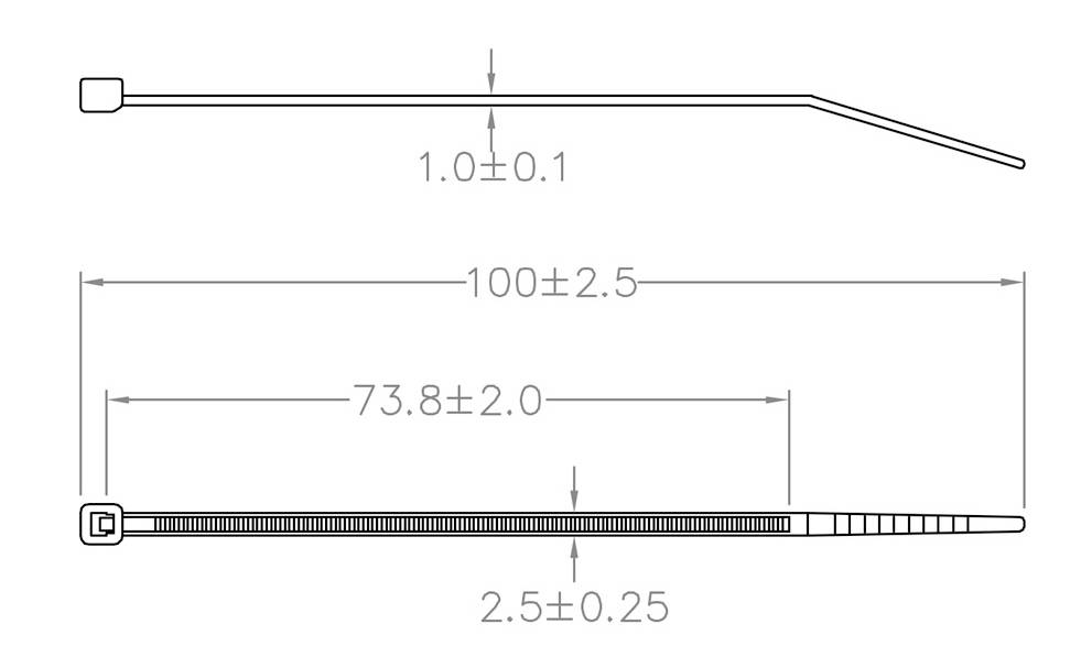 Technische tekening van een kabelbinder, toont zijaanzicht met lengteaanduidingen: 100 mm totale lengte, 73,8 mm tot het vergrendelingselement.