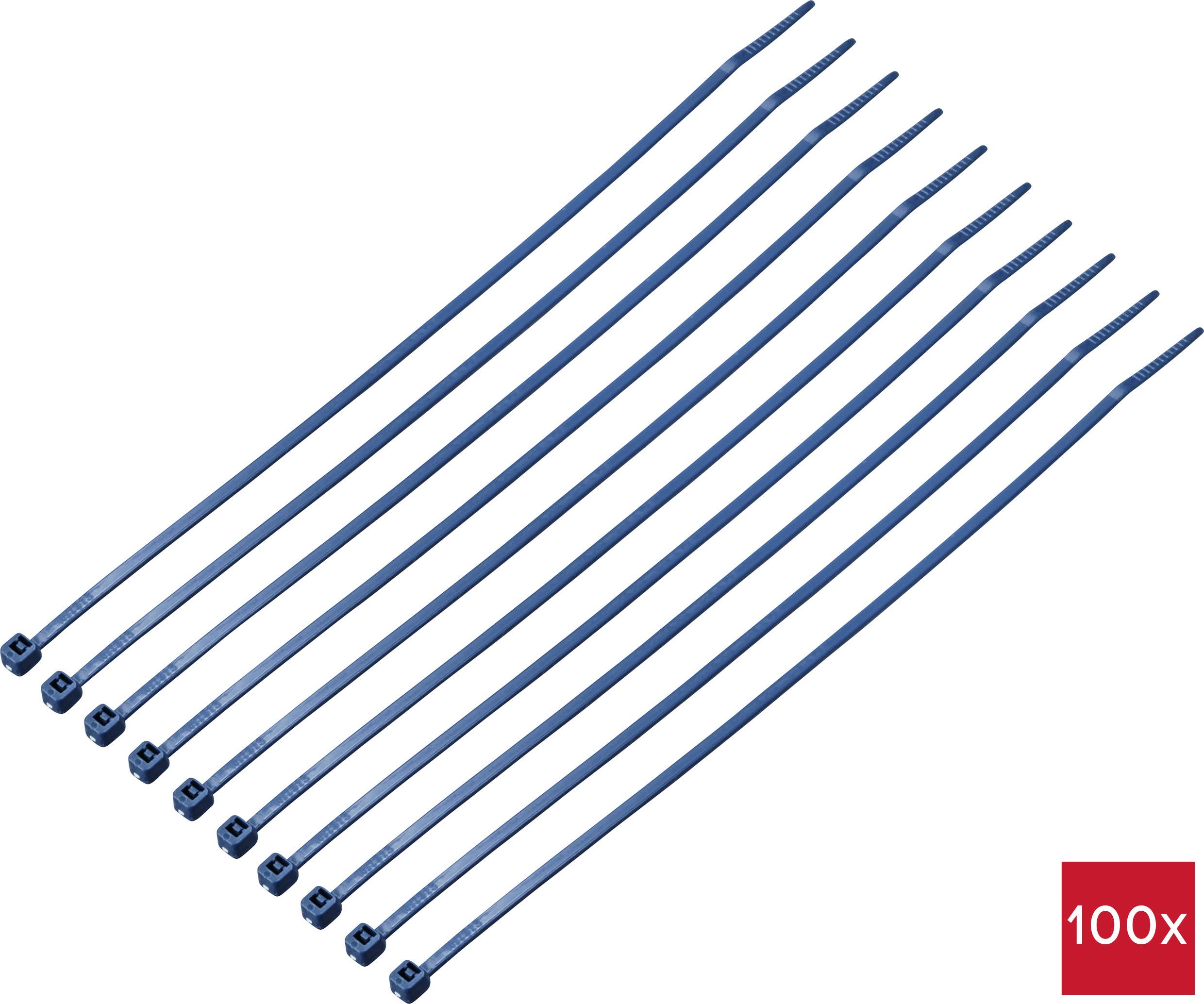 '100 kabelbinders in het blauw, naast elkaar gerangschikt.'