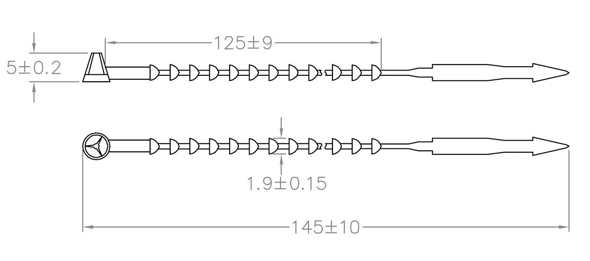 Twee technische tekeningen van schroeven met afmetingen: Boven 125 ± 9 mm, onder 145 ± 10 mm. Aanvullende maten tonen details.