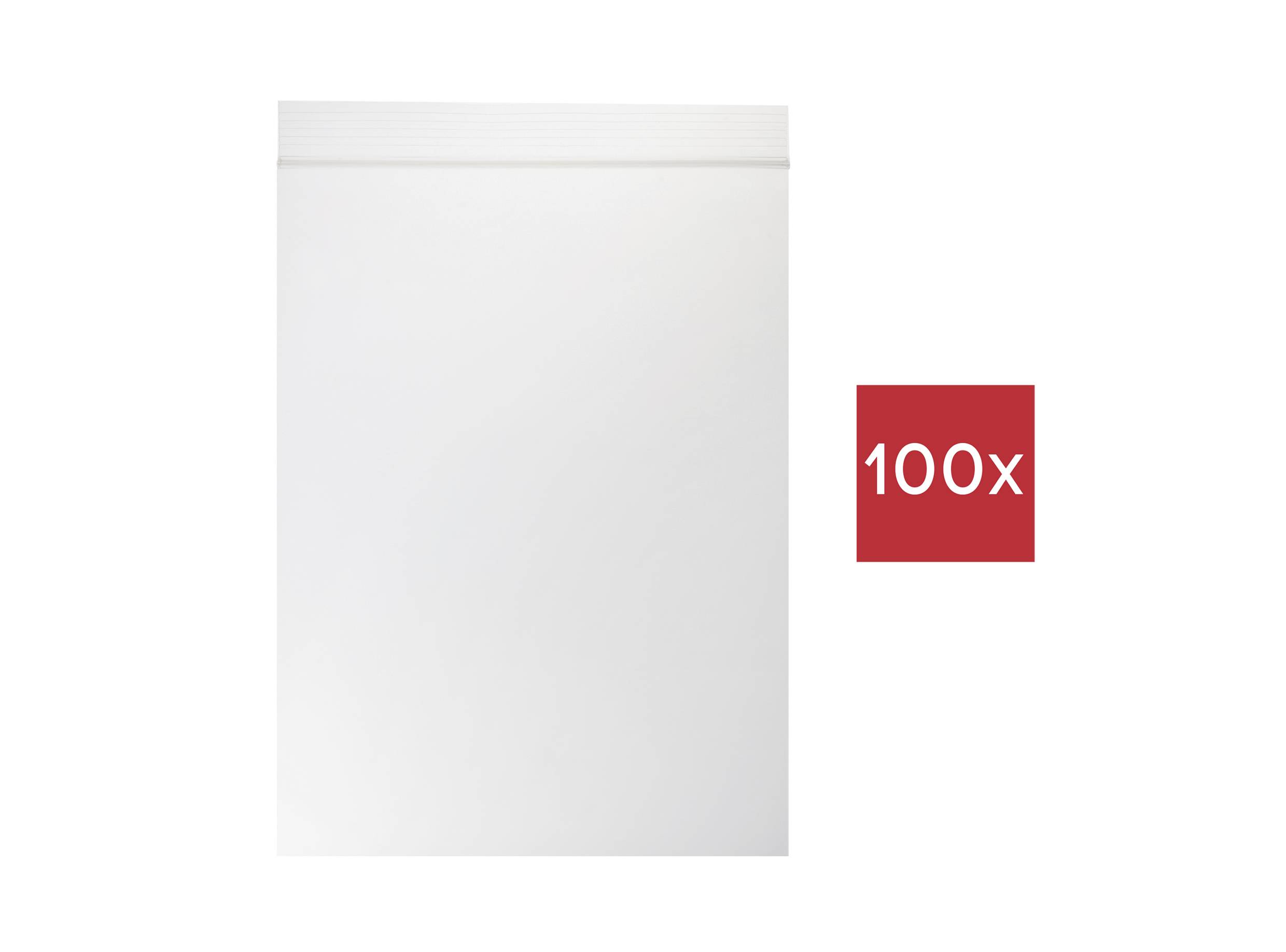 Witte, ondoorzichtige zak met ritssluiting. Ernaast een rode doos met het getal '100x', wat het aantal zakjes aangeeft.