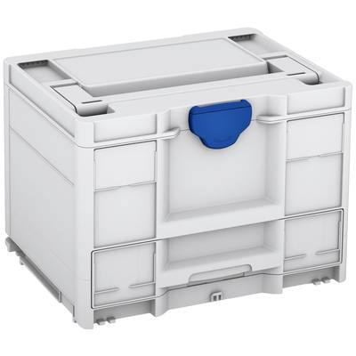 Een grijze kunststof doos met een blauwe handgreep, stapelbaar, geschikt voor opslag en transport van kleinere gereedschappen of materialen.
