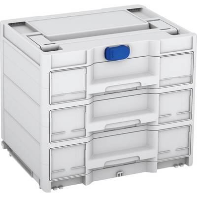 Grijze kunststof opslagcontainer met vier stapelbare laden en een blauwe deksel bovenaan. Ideaal voor gereedschapsopslag.