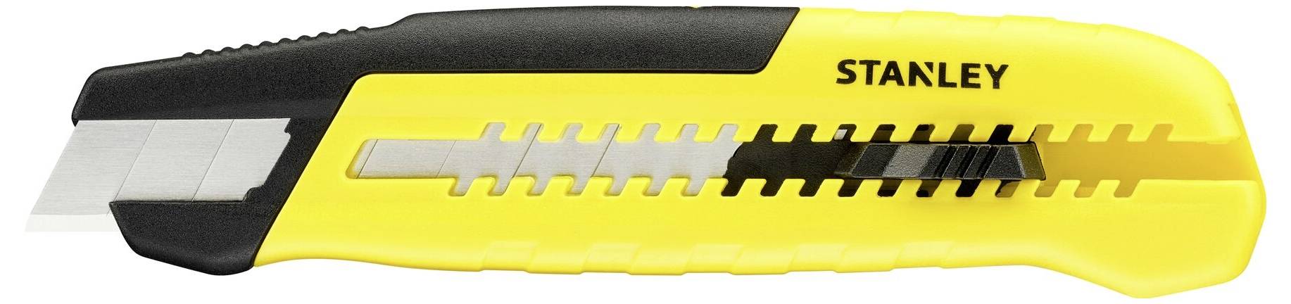 Een geel en zwart Stanley-mes met intrekbaar lemmet aan de zijkant.