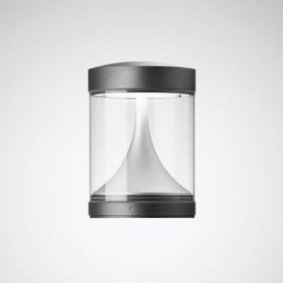 Een moderne, cilindrische wandlamp met transparant glas en een donker metalen frame. De binnenstructuur heeft een gebogen vorm.