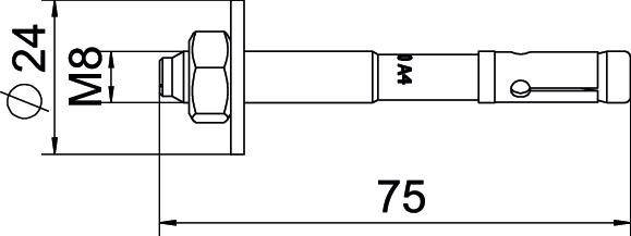 'Diagram van een schroefanker M8', met afmetingen: 75 mm lengte, diameter 24 mm. Zijaanzicht, toont detail van de verankering.